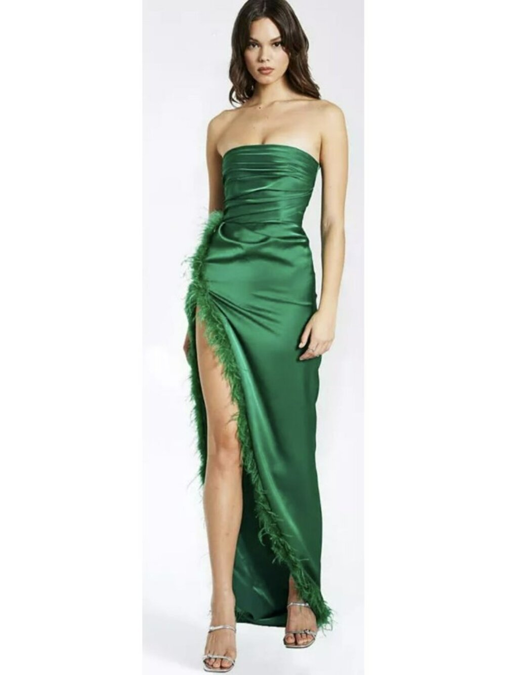 Miss Circle Perrin Emerald Green Feather Dress High Slit Gown XS New